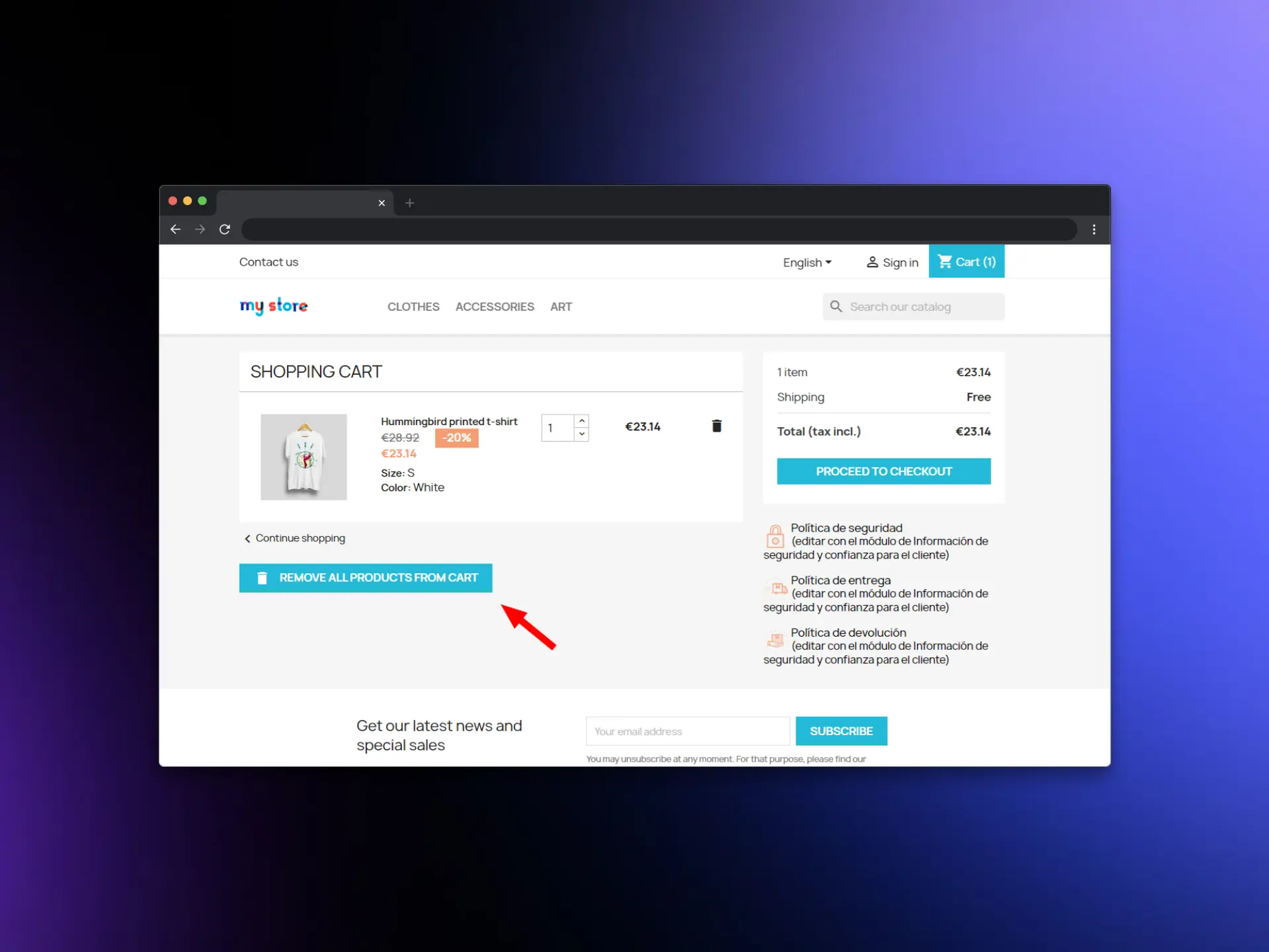 Empty Cart button module for Prestashop preview
